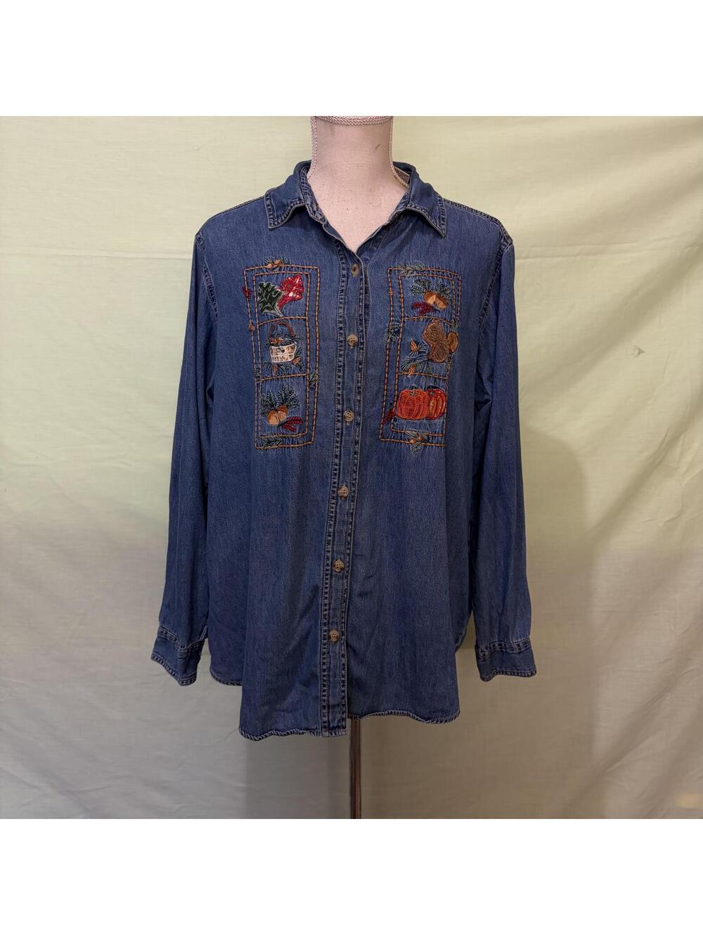Embroidered Autumn Fall Thanksgiving denim button up top vintage 90s